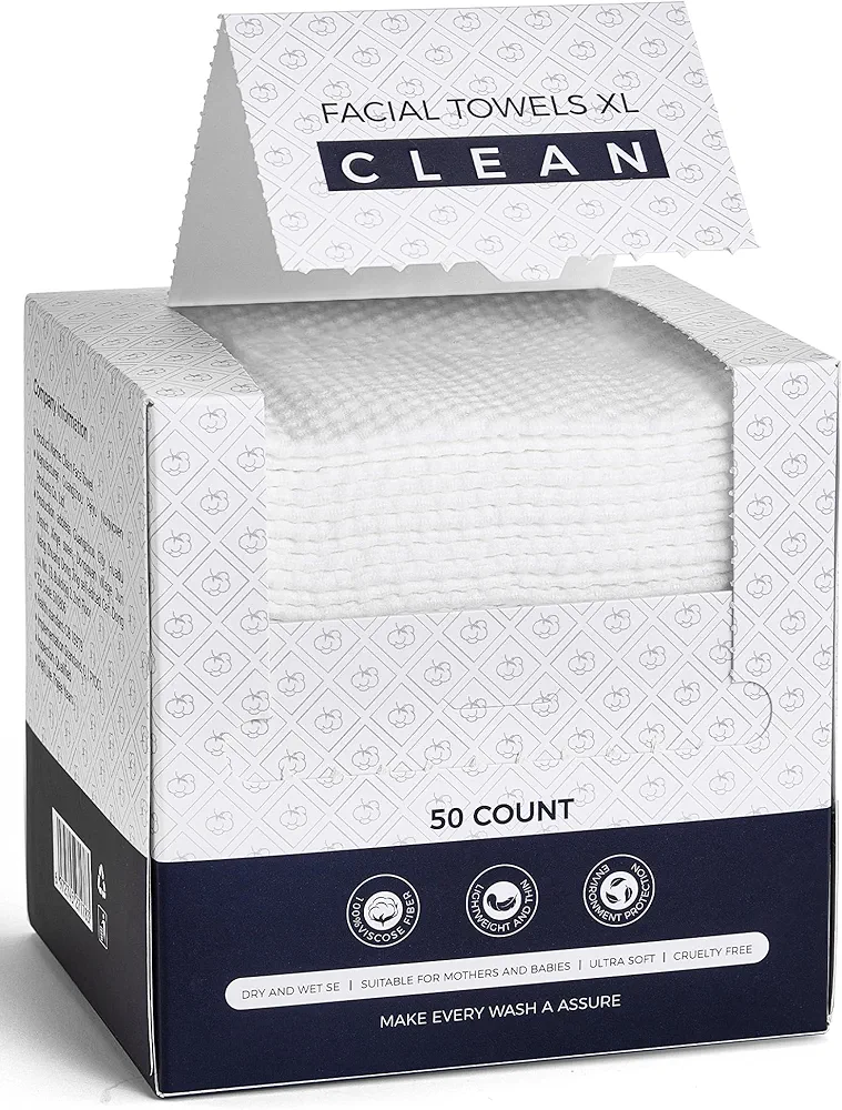 Disposable Face Towels, Viscose Biodegradable Large Dry Wipes, Super Soft & Thick Face Clean Towels, Daily Facial Tissues for Sensitive Skin, Makeup Removing,Facial Cleansing,Nursing,Travel (50 Count)
