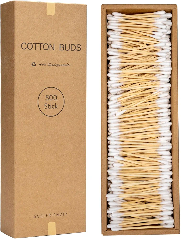 500 Count-Bamboo Double-Tipped Cotton Swabs, Organic & Biodegradable Ear Buds, Versatile for Hygiene, Beauty, and Home, Greenness Recyclable Packaging