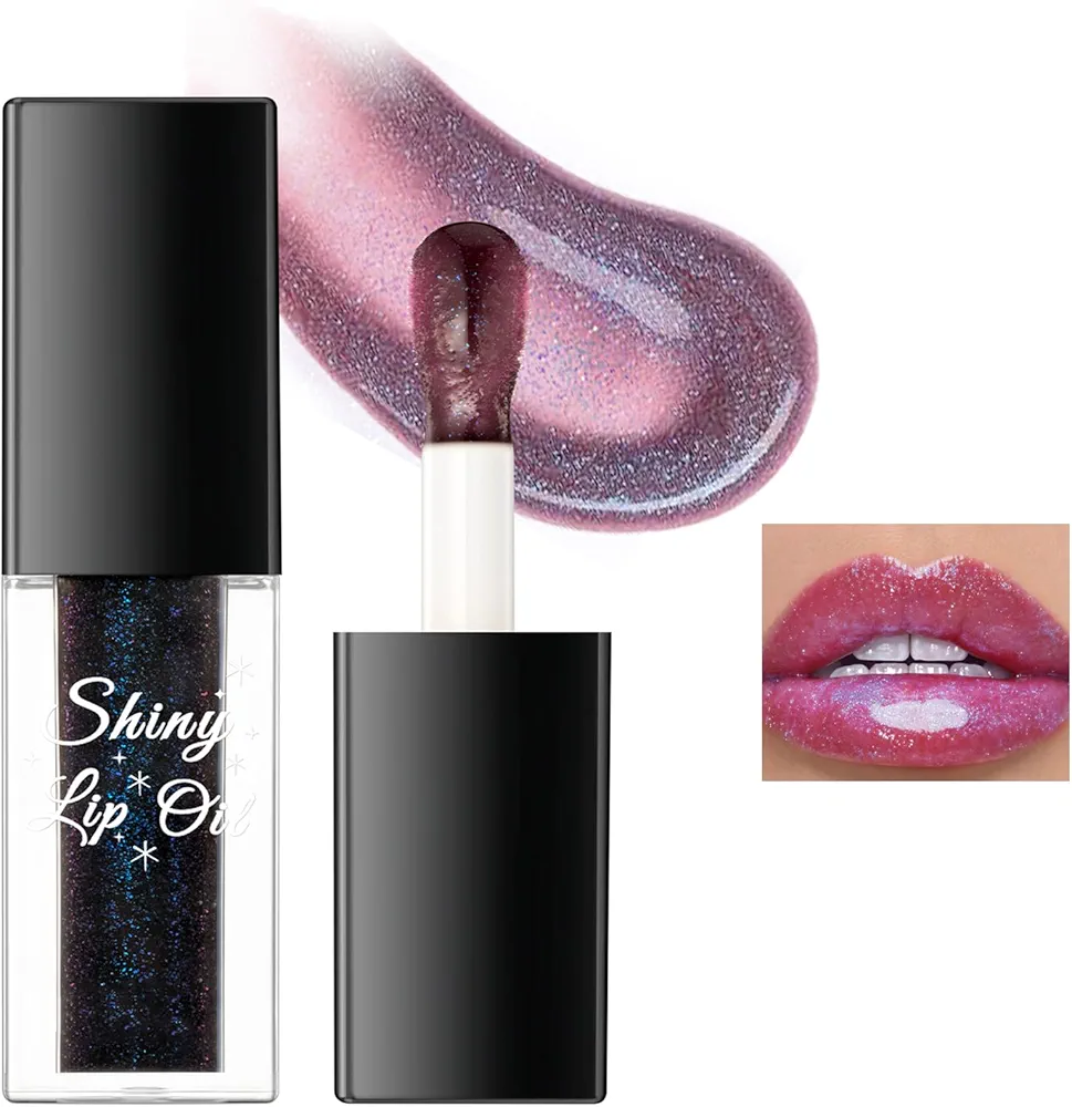Black Color Changing Lip Oil, Magic Shimmer Tinted Lip Gloss Plumping Glitter Big Brush Ph Changing Lip Oil, Longlasting Nourishing Lip Glow Oil Non-Sticky Lip Balm for Lip Care&Dry Lips