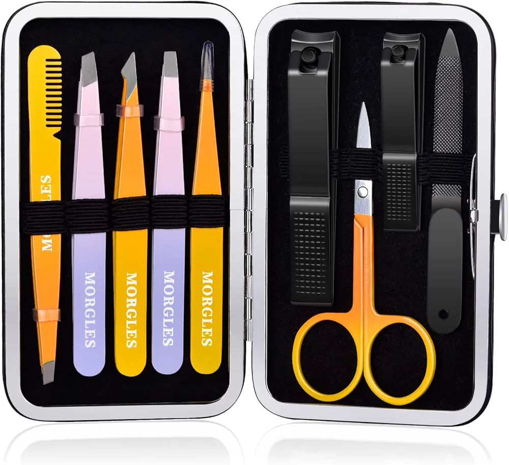 MORGLES Tweezers Set, Professional Nail Clippers and Tweezer Kit for Women and Men with Leather Travel Case, 9 Pack