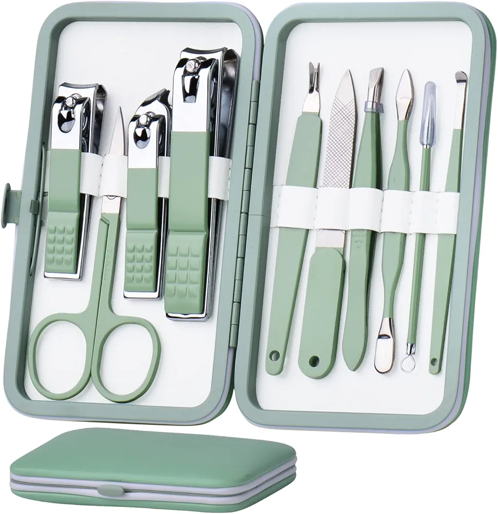 Manicure Set 10 in 1 Stainless Steel, Nail Clippers Scissors Pedicure Tools Kit - Portable Travel Grooming Kit for Men and Women with Leather Case (Jade Green)