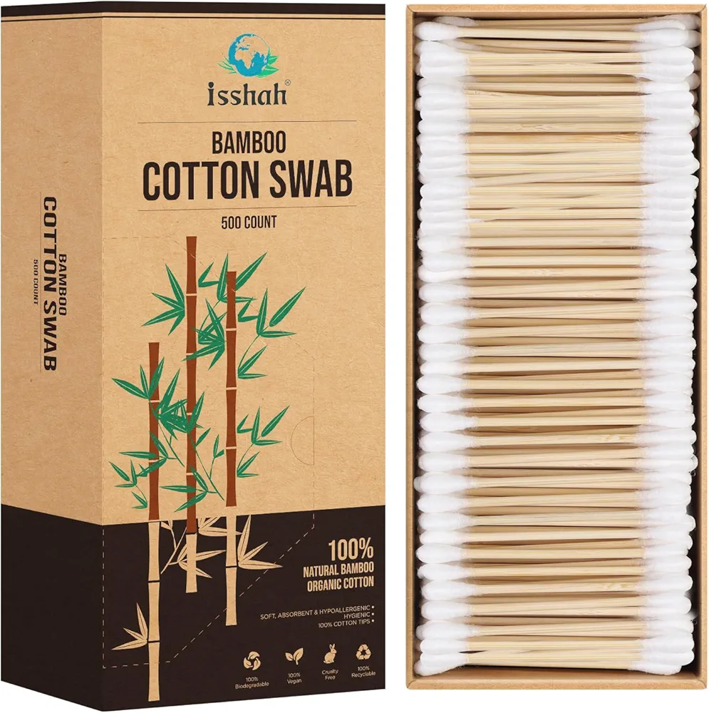 Bamboo Cotton Swabs - 500 Count - FSC Certified and PETA Approved, Eco Friendly Double Tips, Plastic Free Ear Sticks, All Natural 100% Biodegradable Organic Cotton buds by Isshah