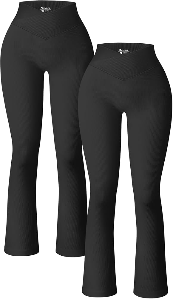 OQQ Women's 2 Piece Yoga Pants Ribbed Seamless Workout High Waist Cross Over Bell Bottoms Exercise Flare Leggings