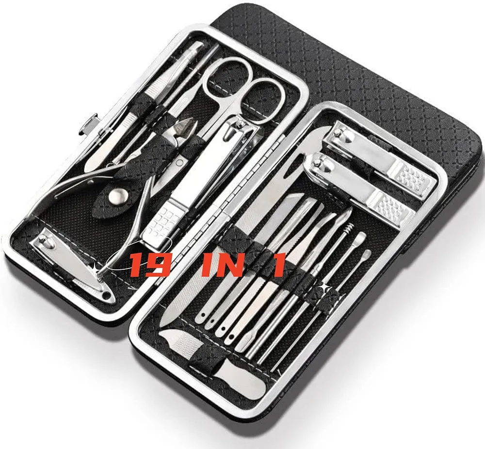 Multifunctional Nail Art Set, 19 Piece High Temperature Carbon Steel Nail Art Set, Nail Repair and Manicure Set for Beginners and Home Care, DIY Nail Art Tools with Black Deluxe Travel Case
