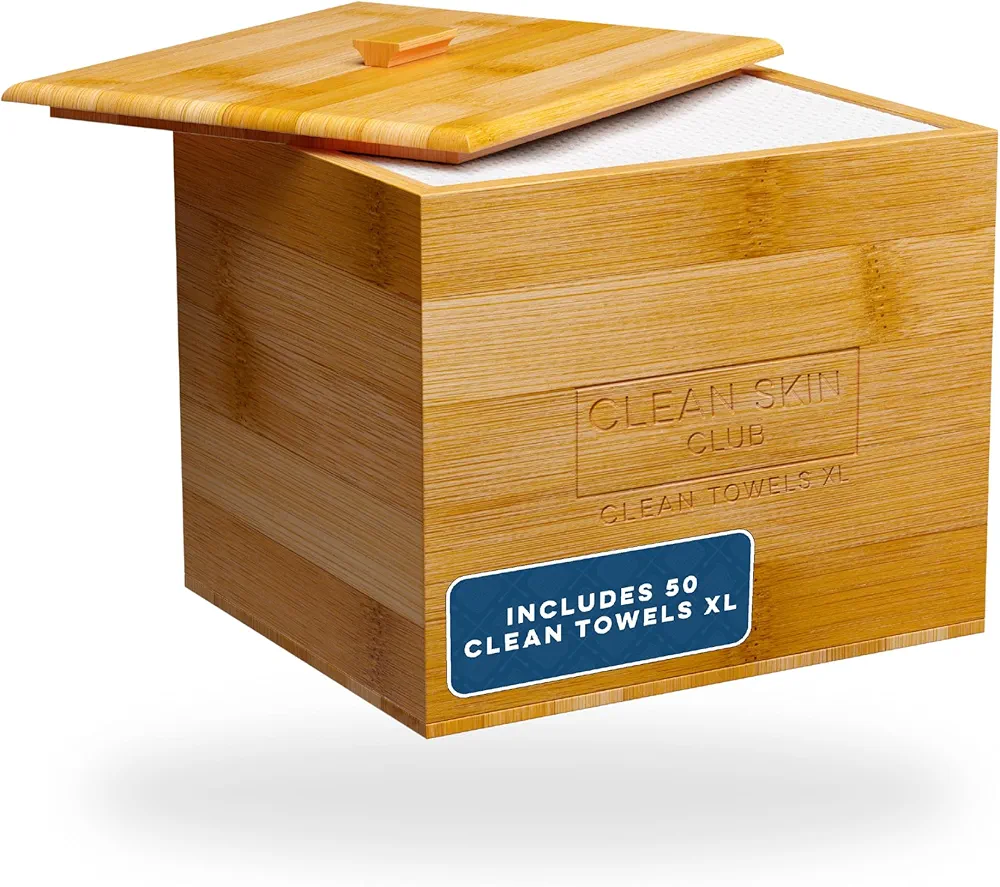 Clean Skin Club Luxe Bamboo Box with Cover & Towels XL, Face Towel, Disposable Makeup Remover Dry Wipes, Facial Wash