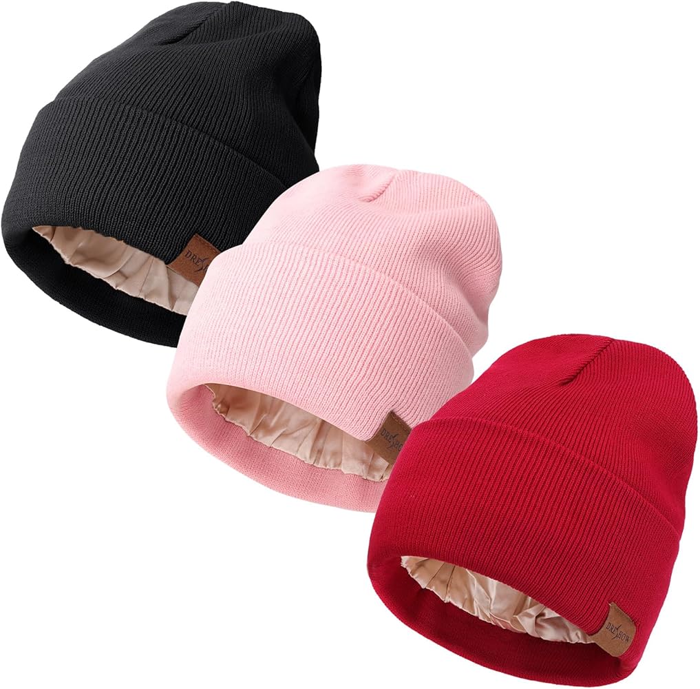 DRESHOW Satin Lined Knit Beanie Hat for Women Men Warm Winter Beanie Hat Silk Lined Caps Cuffed Hat Soft Unisex Skull Cap