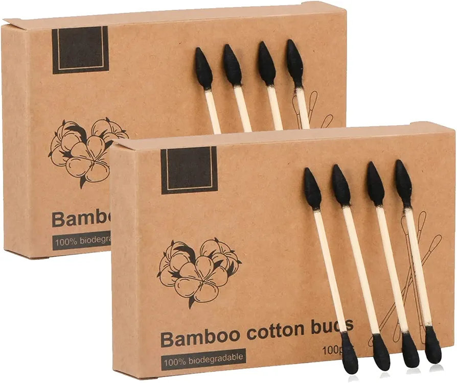 Natural Bamboo Cotton Swabs, Eco-Friendly & Biodegradable – Comfortable and Soft,Plastic Free Double Ear Sticks for Ears Cleaning and Makeup,Dirt Removal,crafts,painting (Black-200pcs)