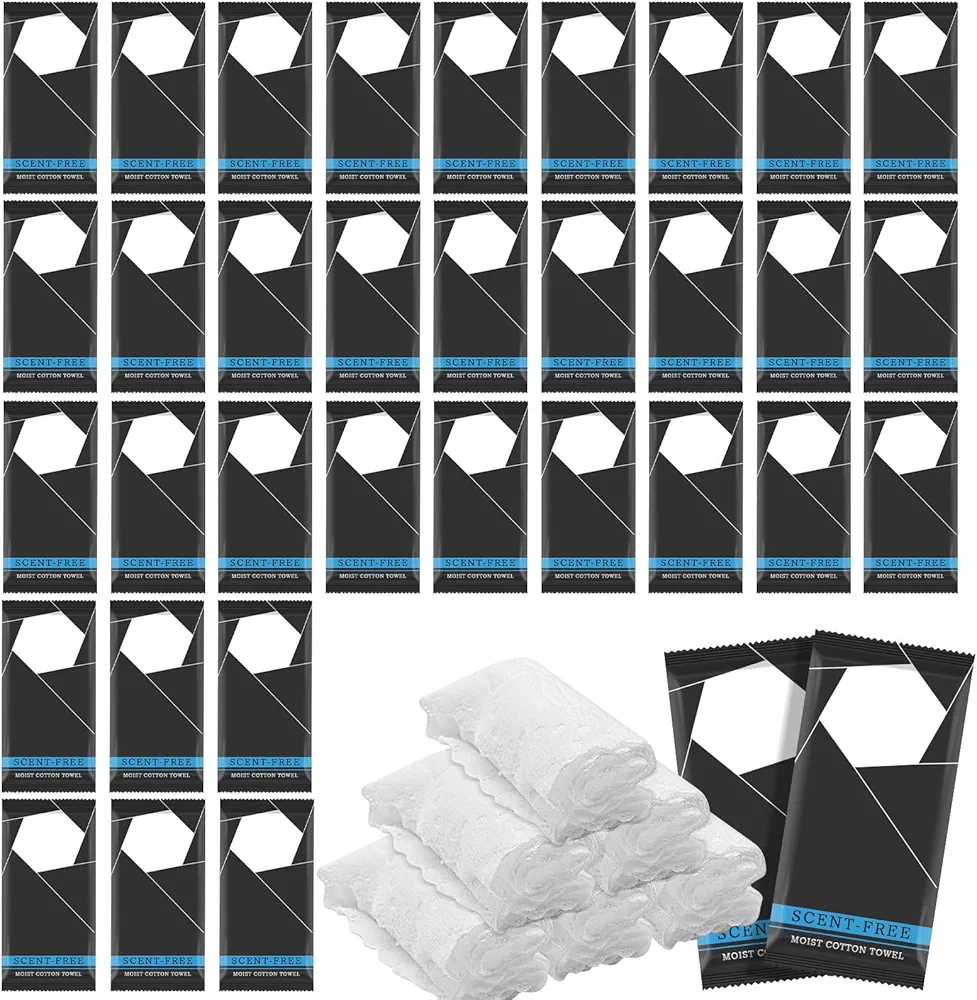 100 Count White Moist Towel Towelettes Individually Wrapped, Bulk Unscented Disposable Wet Face Hand Skin Towels Bulk,Single Use Disposable Face Wash Washcloths for Travel Camping Sport Spa Party