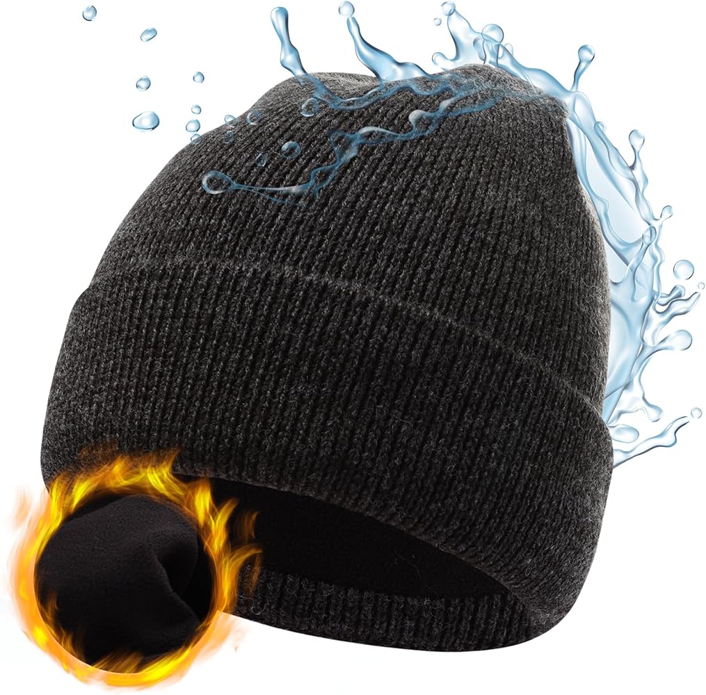 M/L/XL/XXL Waterproof Merino Wool Beanie for Men Women, Warm Fleece Lined Rainproof Windproof Winter Hat for All Weather