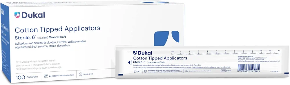 Dukal Cotton Tipped Applicators 6 inch Pack of 200 Swabsticks Wood Shaft 100% Cotton tip Sterile swabsticks for Medical Applications Latex-Free Single use