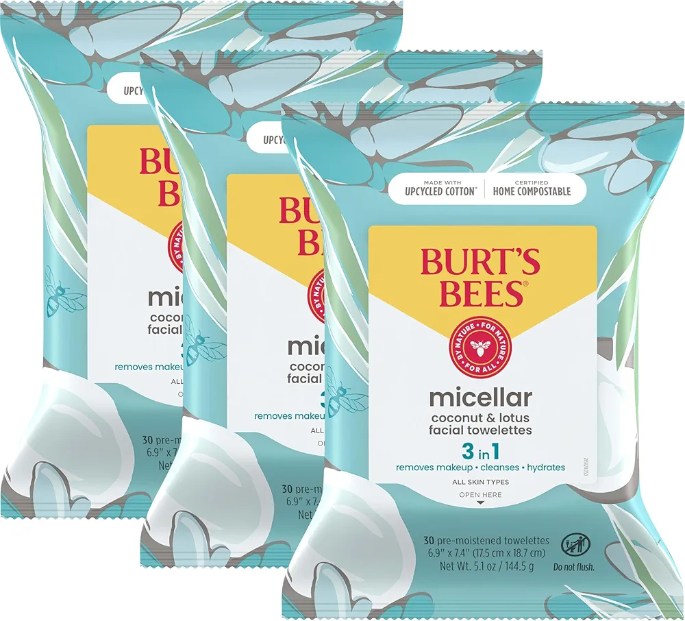 Burt's Bees Stocking Stuffers, Coconut & Lotus Face Wipes, for All Skin Types, Micellar Makeup Remover & Facial Cleansing Towelettes, Skin Care Christmas Gifts, 30 Ct. (3-Pack)
