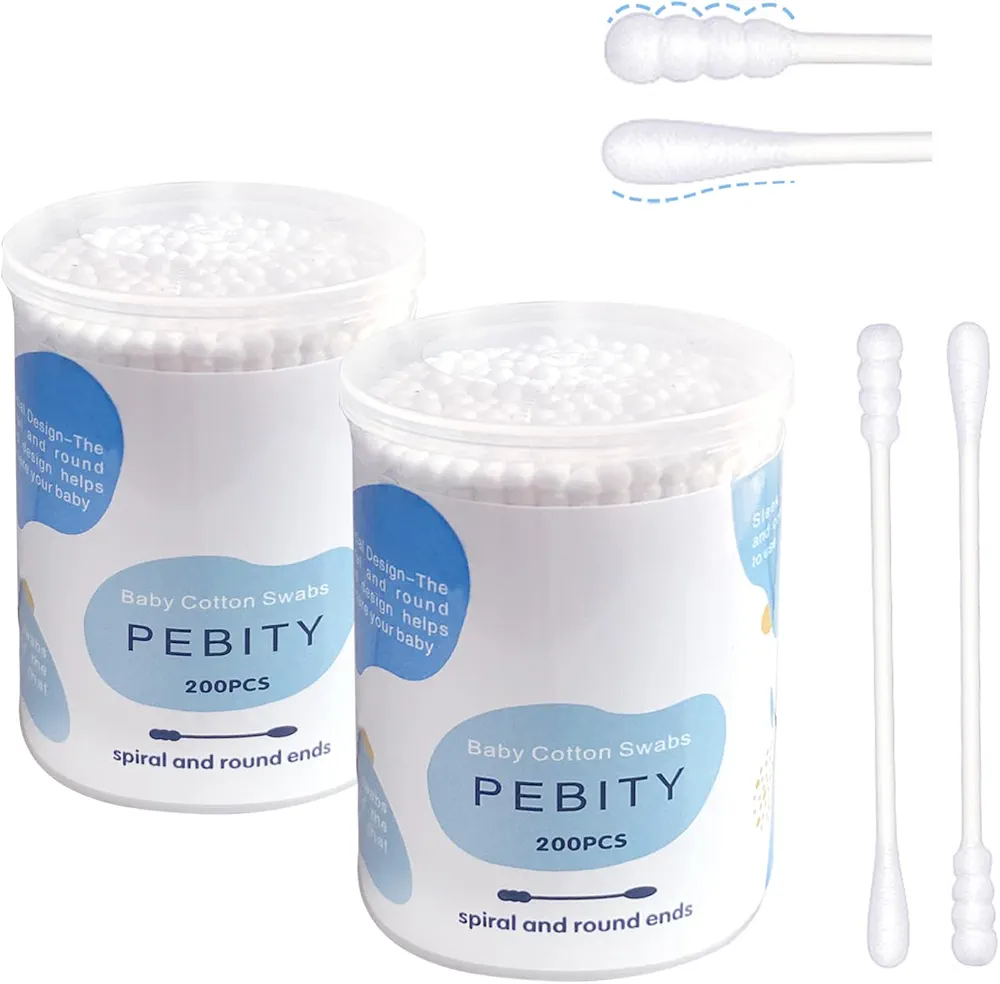 Baby Safety Cotton Swabs for Newborn, Babies, Kids, Children, 100% Organic Cotton Buds, White Paper Sticks, 2 Boxes of 200 Swabs