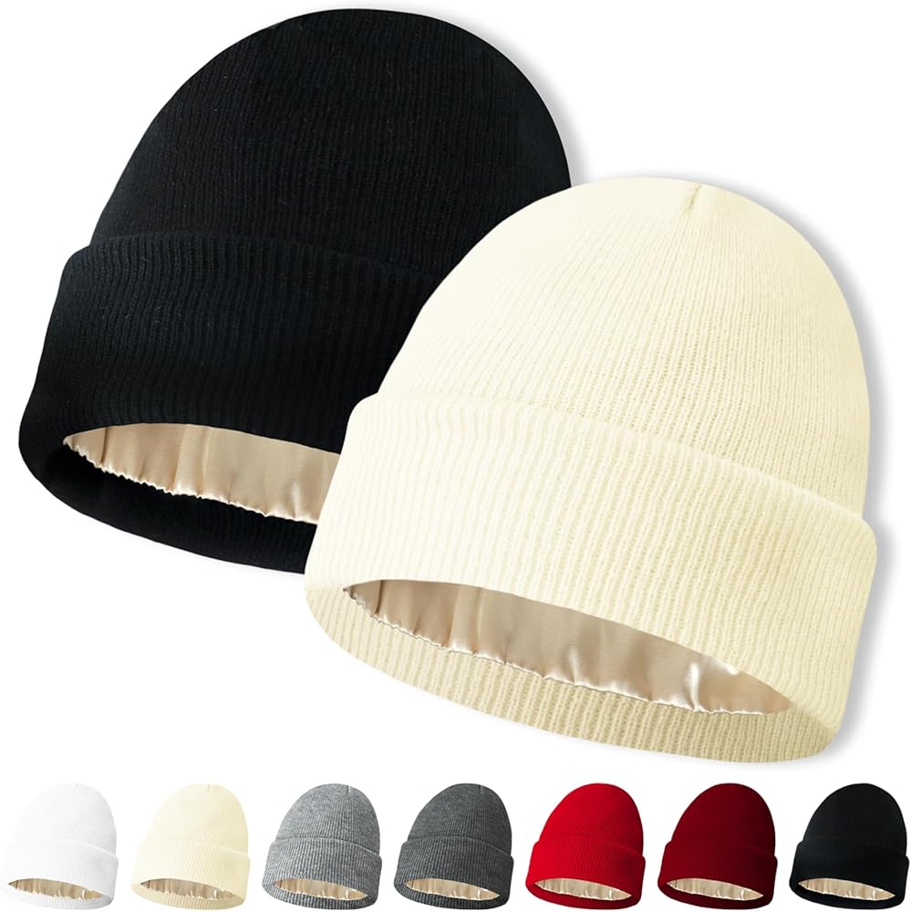 NPQQUAN 2 PCS Satin Lined Beanie for Women Silk Lined Beanies Winter Warm Soft Lining Cuffed Knit Beanie Hats for Woman