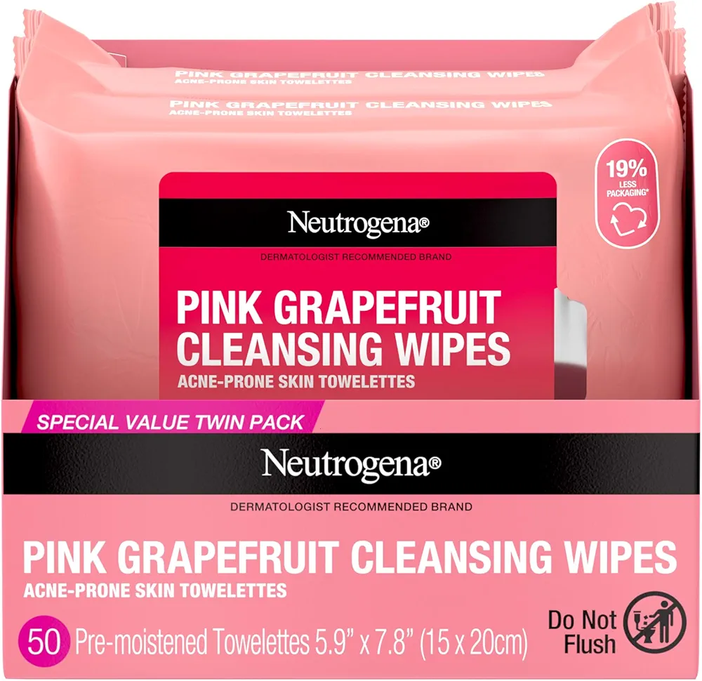 Neutrogena Makeup Remover Wipes, Facial Cleansing Wipes Suitable for Oily & Acne Prone Skin, Wipes Away Bacteria, Dirt & Oil, Scented Facial Wipes with Pink Grapefruit Extract, 50 Count