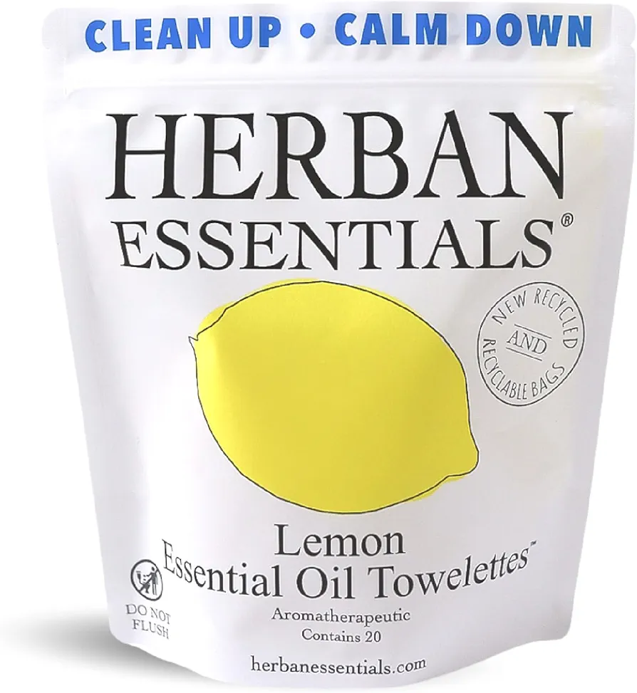 Herban Essentials Lemon Towelettes - Essential Oil Wipes for Hands, Travel Face Wipes - Natural Hand Wipes, Moist Towelettes Individually Wrapped Body Wipes - 20 Count