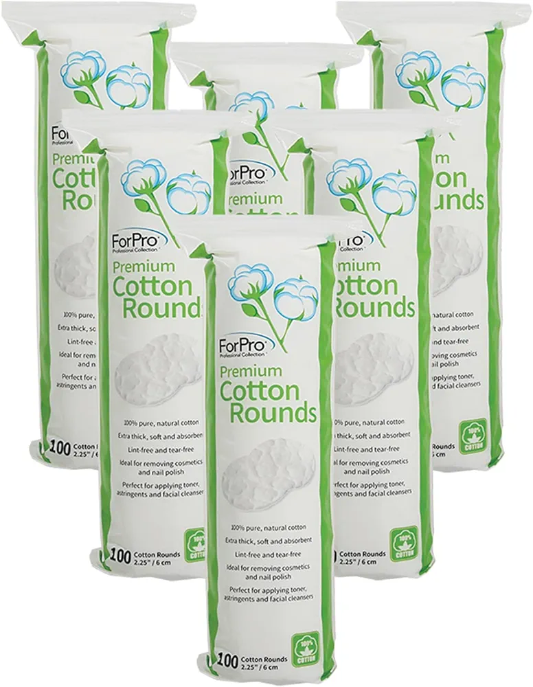 ForPro Professional Collection Premium Cotton Rounds, 100% Cotton, Non-Tearing, Lint-Free, for Cosmetic, Nail, and Personal Use, 2.25", 600-Count (Pack of 6-100 Cotton Rounds)