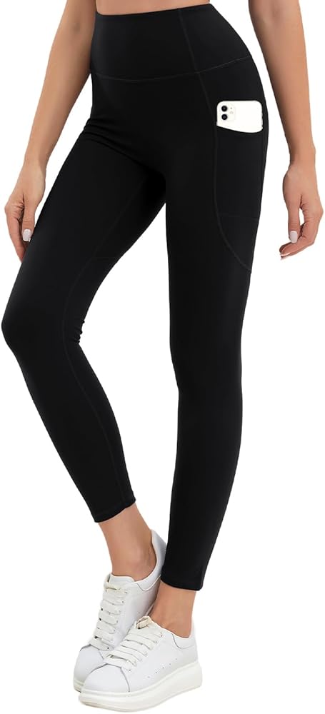 Thick High Waist Yoga Pants with Pockets, 25" Tummy Control Workout Running Bike Leggings for Women
