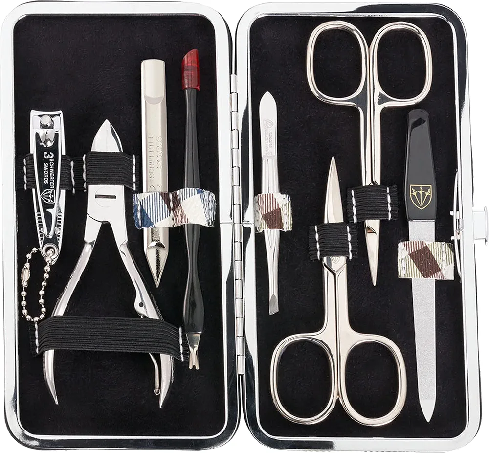 3 Swords Germany - brand quality 7 piece manicure pedicure grooming kit set for professional finger & toe nail care scissors clipper fashion leather case in gift box, Made by 3 Swords Germany (6295)
