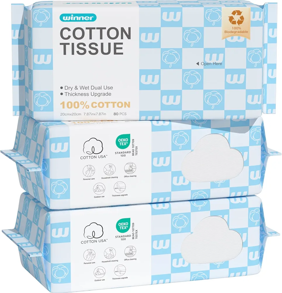 Winner Disposable Face Towels Upgraded | 100% USA Cotton Face Towelettes | Super Soft & Thick Face Cloths for Sensitive Skin | Makeup Remover Dry Wipes | 240 Count, 3 Pack