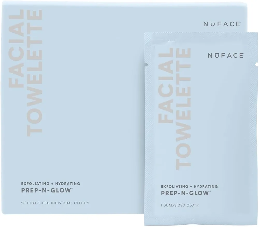 NuFACE Prep-N-Glow Facial Towelettes - 2-in-1 Exfoliating + Cleansing Makeup Remover Wipes, Hyaluronic Acid Travel Face Wipes to Hydrate & Brighten for Glowing Skin - 20 Individually Wrapped Cloths