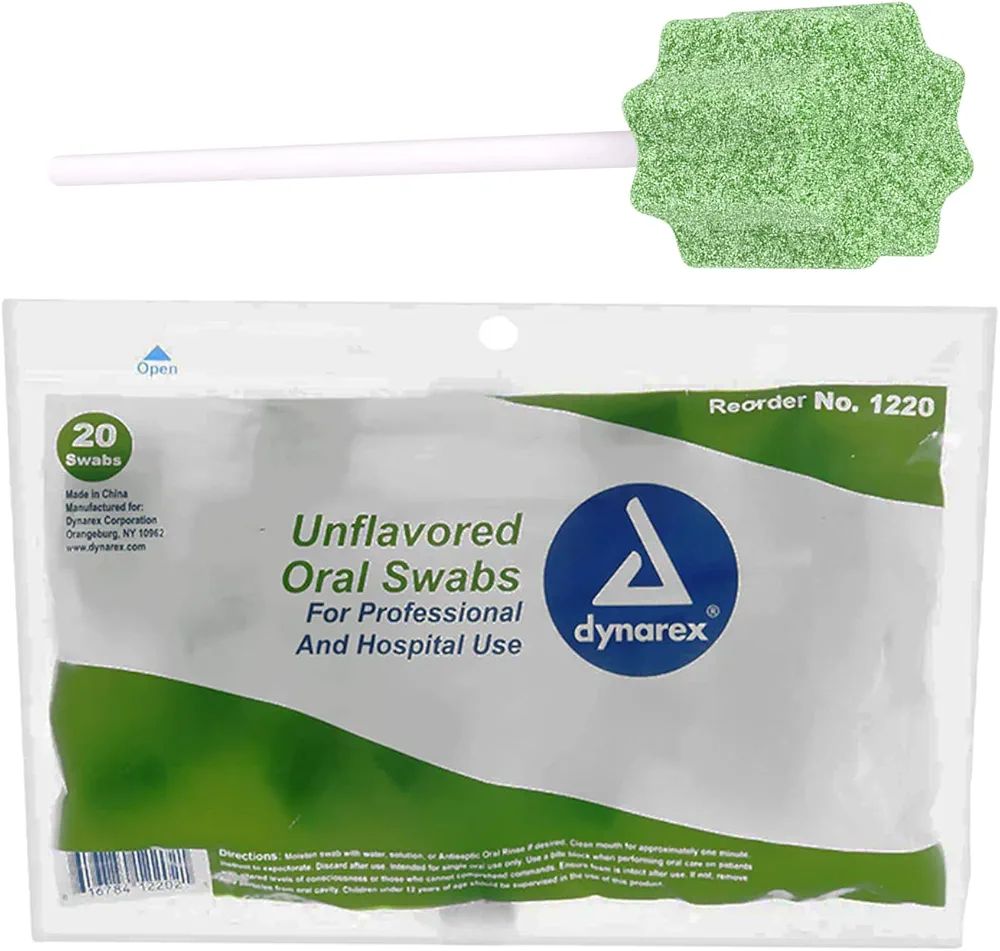 Dynarex Unflavored Oral Swabsticks, Cotton Swabs that Gently Clean, Moisten, and Refresh Mouth, Teeth, and Gums, 20 Swabsticks per Pack