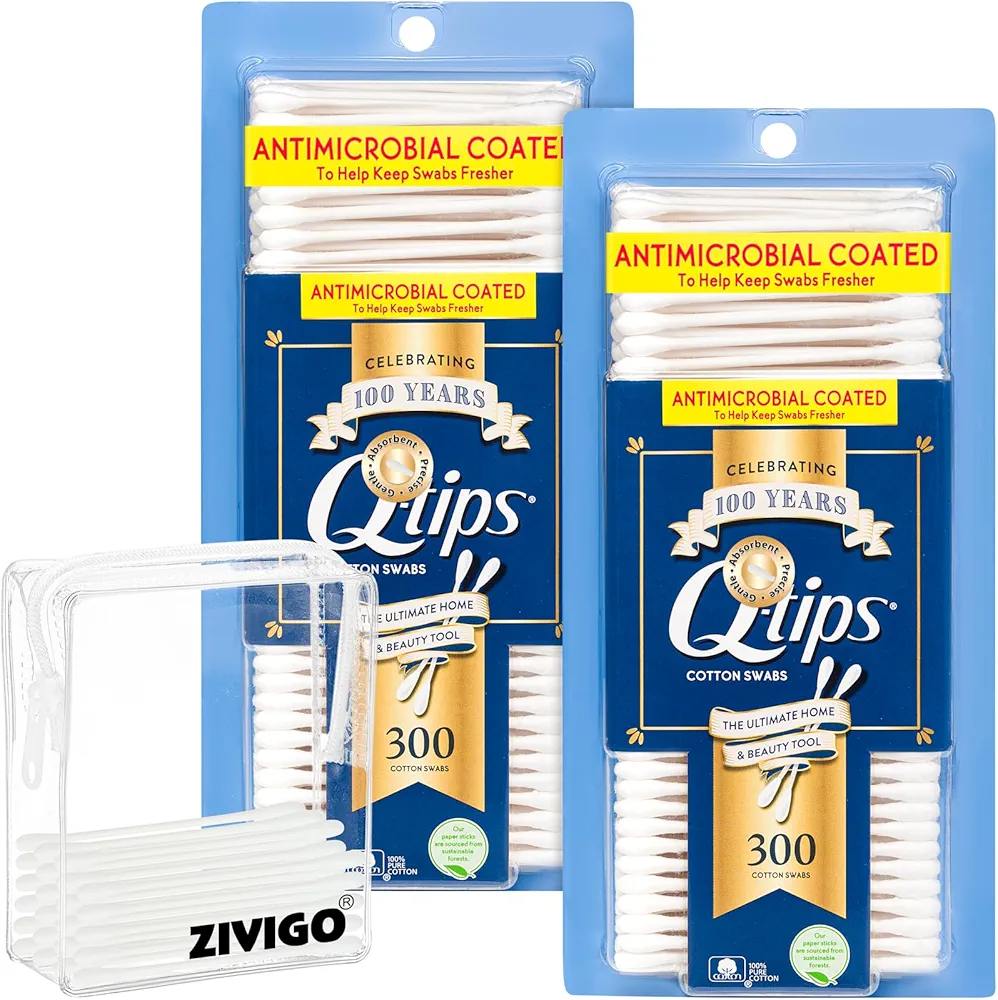 Q Tips Swabs for Hygiene and Beauty Care, Original Cotton Swab for Cleaning Made with 100% Cotton, 300 Count, (Pack of 2) Total of 600 Swabs, Bundle with Zivigo-Travel CASE