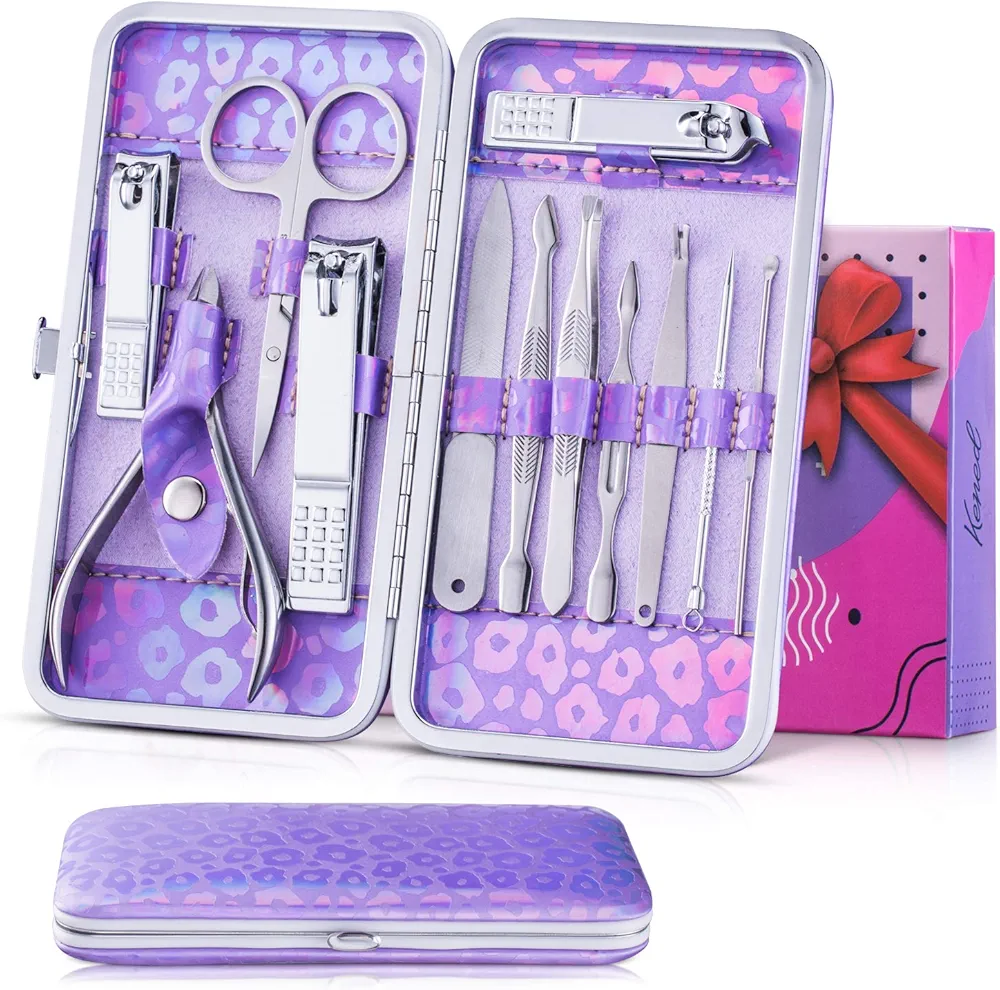 Nail Clipper Kit - 12 Pieces Manicure Set Women Professional, Travel Nail Kit with Cuticle Nipper, Manicure Pedicure Set with Luxurious Travel Case (Purple)