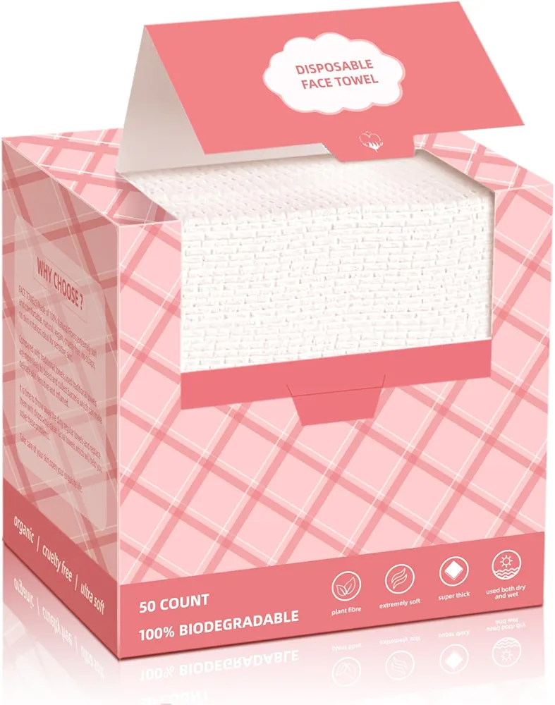 Disposable Face Towels 10"×12" Lint-Free Clean Towel Makeup Remover Dry Wipes Biodegradable Face Towelette for Sensitive Skin, Makeup Removing, Cleansing, Nursing, Travel (50 COUNT)