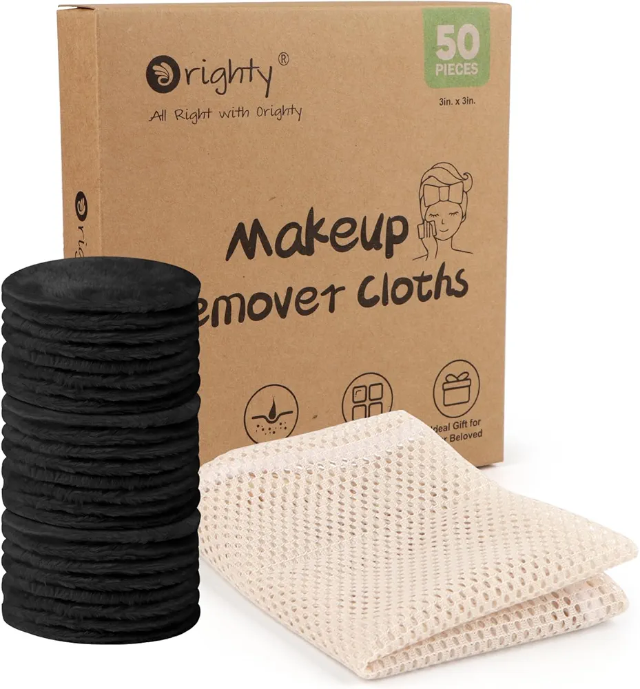 Orighty Microfiber Makeup Remover Pads 50 Count, Makeup Remover Cloths with Laundry Bag, Remove Makeup Just with Water, Reusable Face Pads for All Skin Types, Makeup Wipes for Facial Cleansing (Black)