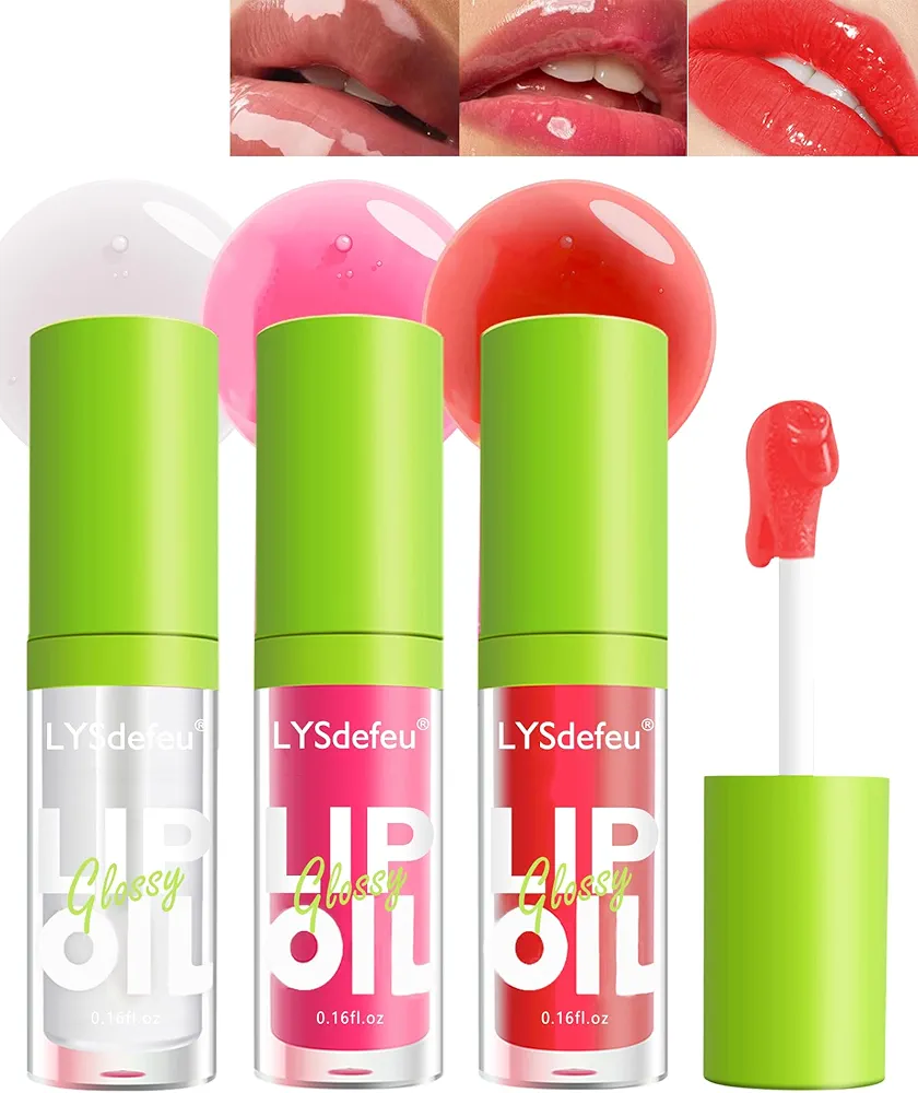3 Colors Lip Oil Lip Glaze,Tinted Lip Gloss,Hydrating Lip Glow Oil Lipgloss,Shiny Transparent Pink Lip Stain Tint Fat Lip Oil,Clear Glow Reviver Lip Care Oil,Christmas Makeup Gift Set for Women-1+2+5