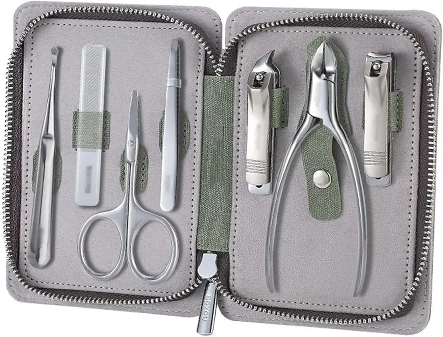 Nail Clipper Set Portable Nail Clipper Set, 7 Pieces Pedicure Grooming Kit for Men Women, Sharp Finger&Toe Nail Tool, Personal Care Manicure Kit with Leather Case Fingernail Clipper(Green)