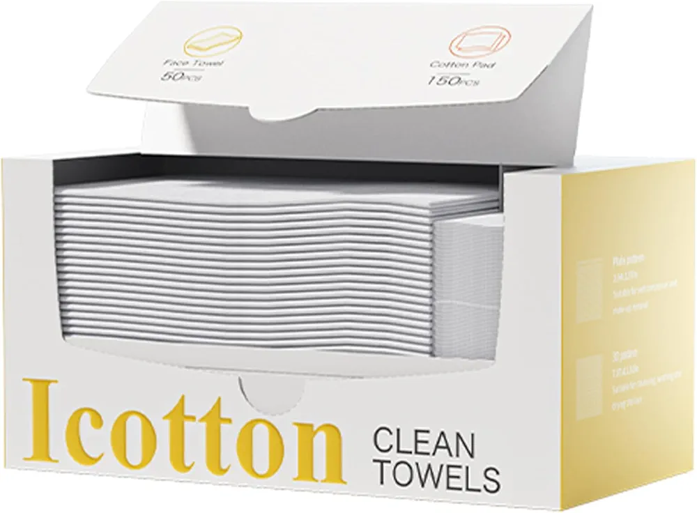 2 in 1 Disposable Face Towel-100%Pure Cotton Clean Towels Biodegradable Facial Cleansing Towelettes, 50 PCS Large Single Use Face Towel & 150 PCS Cotton Pads for Sensitive Skin,Makeup Removing