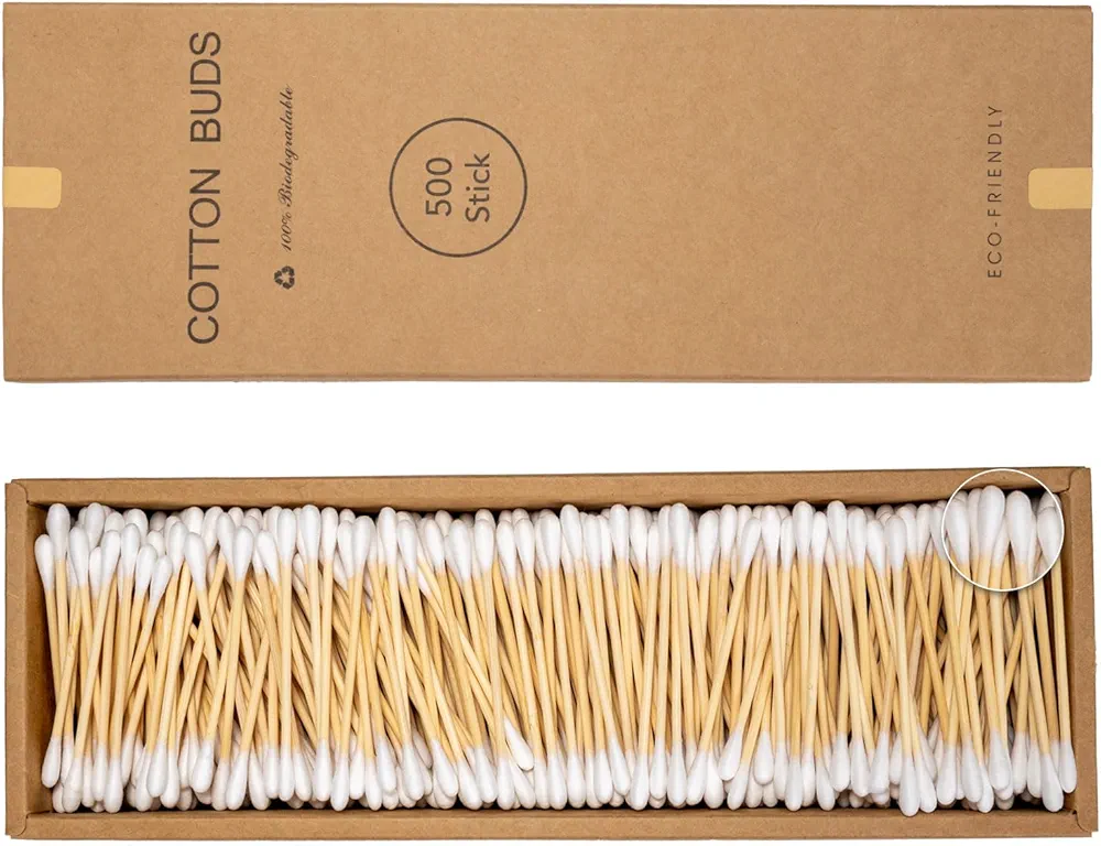 500 Count-Bamboo Double-Tipped Cotton Swabs, Organic & Biodegradable Ear Buds, Suitable for Hygiene, Beauty, and Home, Greenness Recyclable Packaging