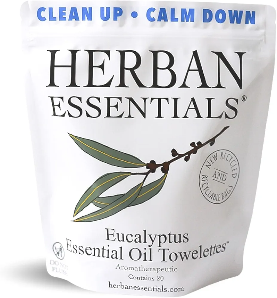 Herban Essentials Eucalyptus Wipes - Essential Oil Wipes for Hands, Travel Face Wipes - Natural Hand Wipes, Moist Towelettes Individually Wrapped Body Wipes - 20 Count