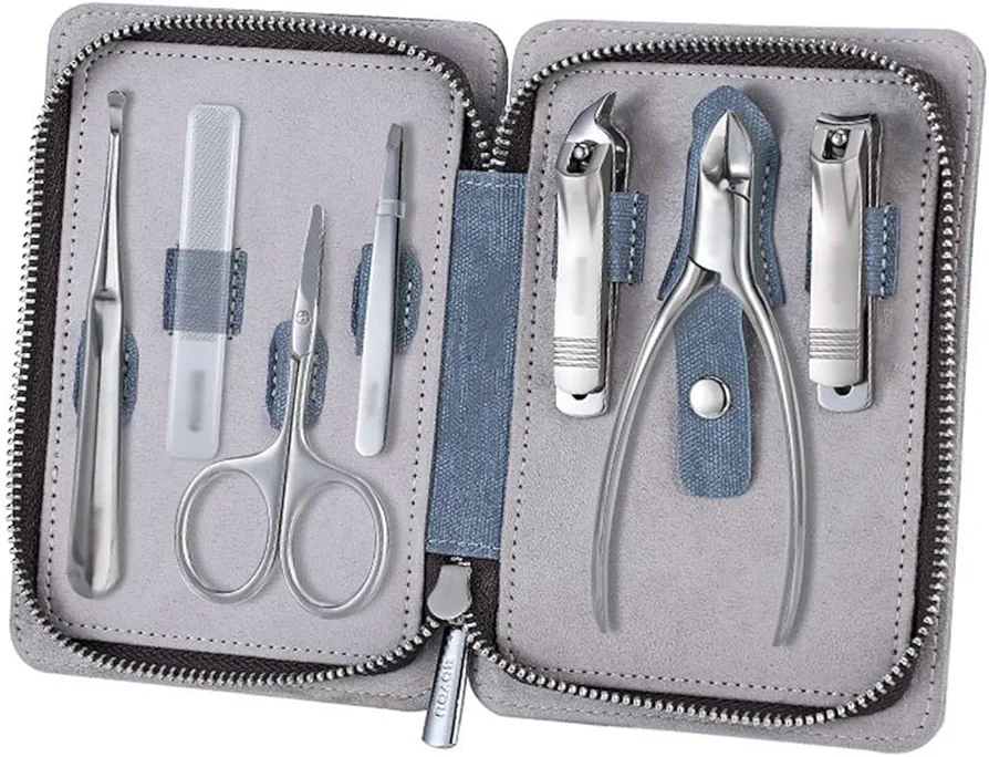 Nail Clipper Set Portable Nail Clipper Set, 7 Pieces Pedicure Grooming Kit for Men Women, Sharp Finger&Toe Nail Tool, Personal Care Manicure Kit with Leather Case Fingernail Clipper(Blue)