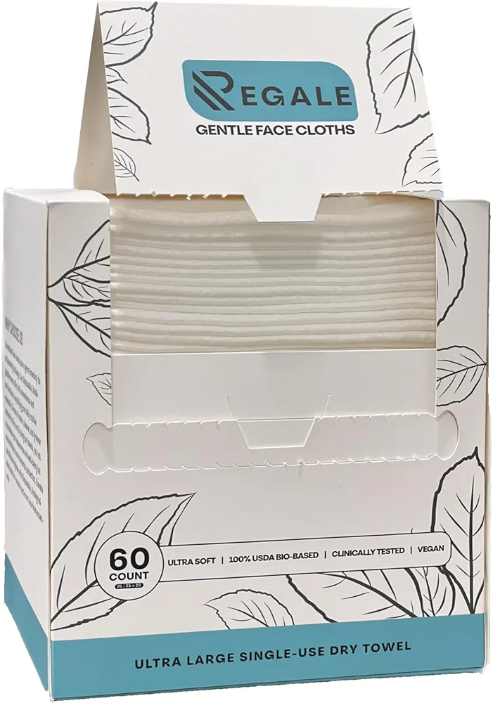 REGALE Extra Thick Disposable Face Towelettes, USDA Certified Biodegradable Clean Face Towels, Makeup Remover Dry Facial Wipes, XL Super Soft Washcloths, 10×12 Inches, Pack of 60 Count