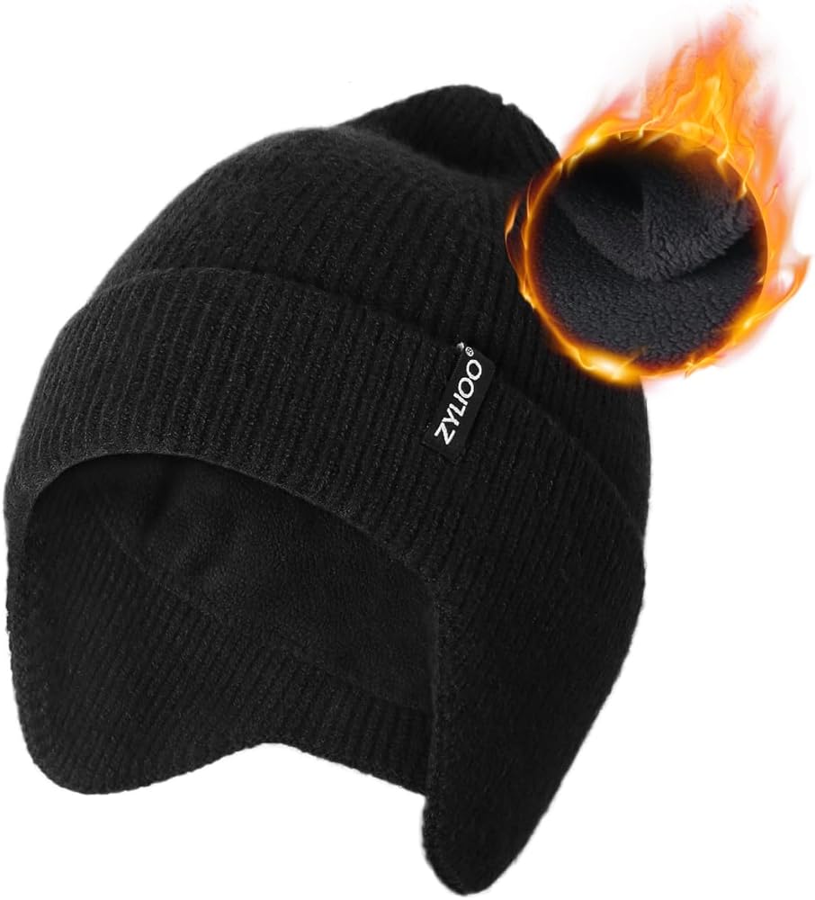 Zylioo Oversize 3XL/2XL/XL/L Beanie Hats with Ear Flap,S/M Fleece Lined Skull Cap,Plus Size Winter Warm Knitted Hats