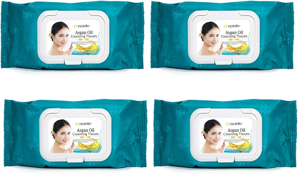 Epielle Argan Oil Cleansing Facial Tissues Makeup Remover Wipes Gentle and Nicely Scented Towelettes - 60 Sheets per pack, 4 pack (new)