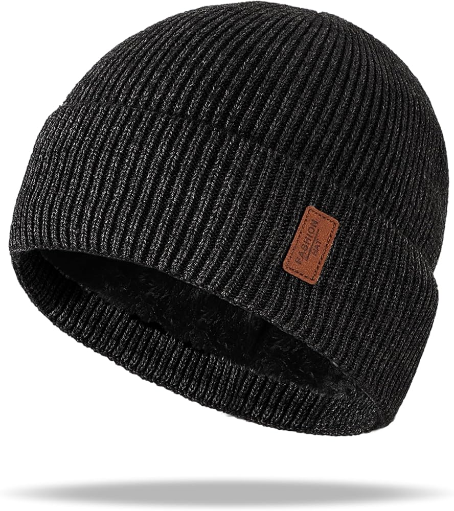 Beanies Hats Mens - Winter Warm Knit Hats with Soft Lining Stretchable Knitted Cuff Skull Caps for Men