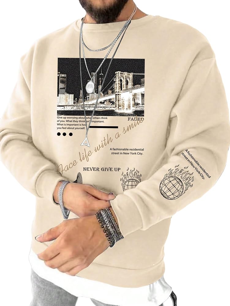 SOLY HUX Sweatshirts for Men Letter Graphic Crew Neck Long Sleeve Drop Shoulder Pullover Top