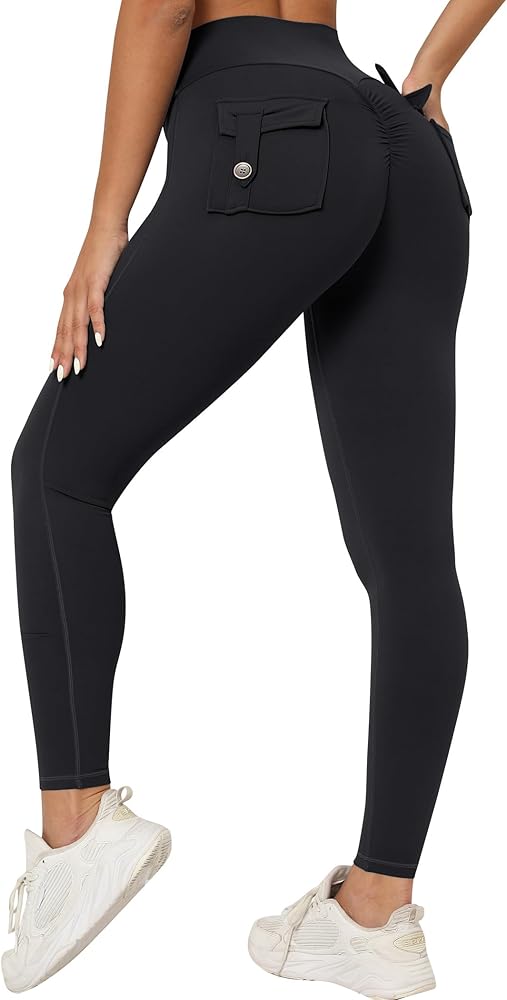 ABOCIW Cargo Leggings for Women with Pockets Crossover High Waist Scrunch Butt Lifting Workout Gym Leggins