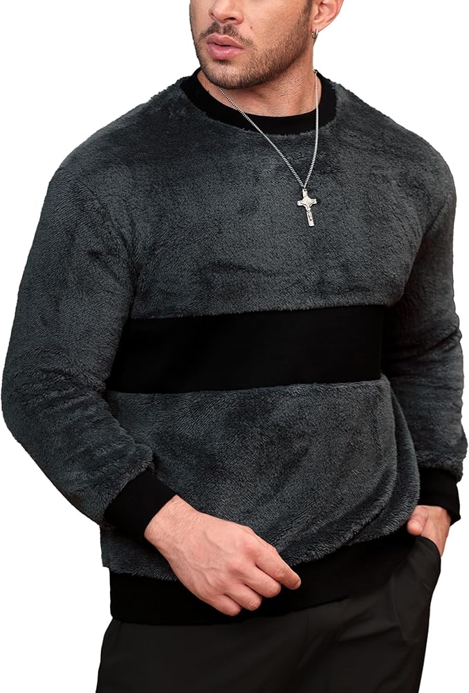 Mainfini Men's Fuzzy Sherpa Sweatshirt Crew Neck Fluffy Fleece Pullovers (S-XXL)