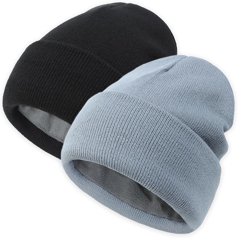 Exemaba 2pcs Unisex Winter Fleece Lining Hat for Men Women Knitted Cuffed Hat Warm Ski Beanie Cap