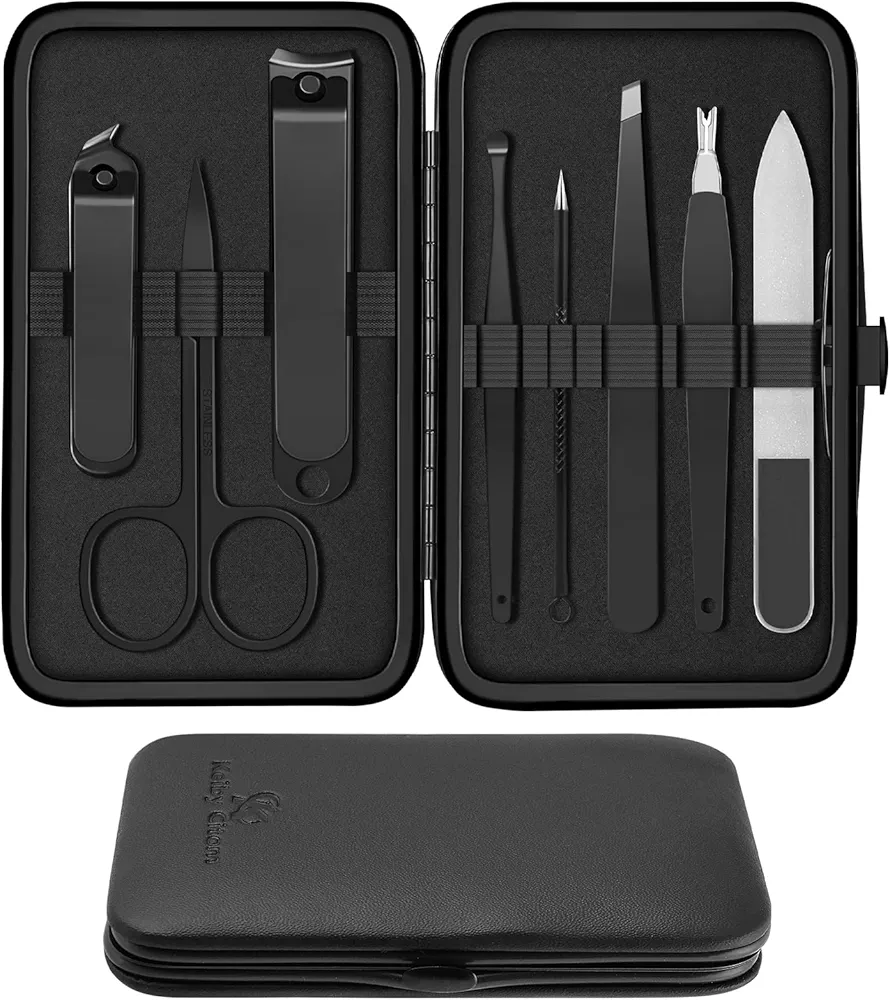 Manicure Set 8pcs Professional Nail Clippers Kit Pedicure Care Tools-Stainless Steel Grooming Tools for Travel (Black)