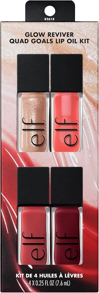 e.l.f. Glow Reviver Quad Goals Lip Oil Kit, Lip Gloss For A High-Gloss Finish & Sheer Wash Of Color, Non-Sticky, Vegan & Cruelty-Free, 4 Glosses