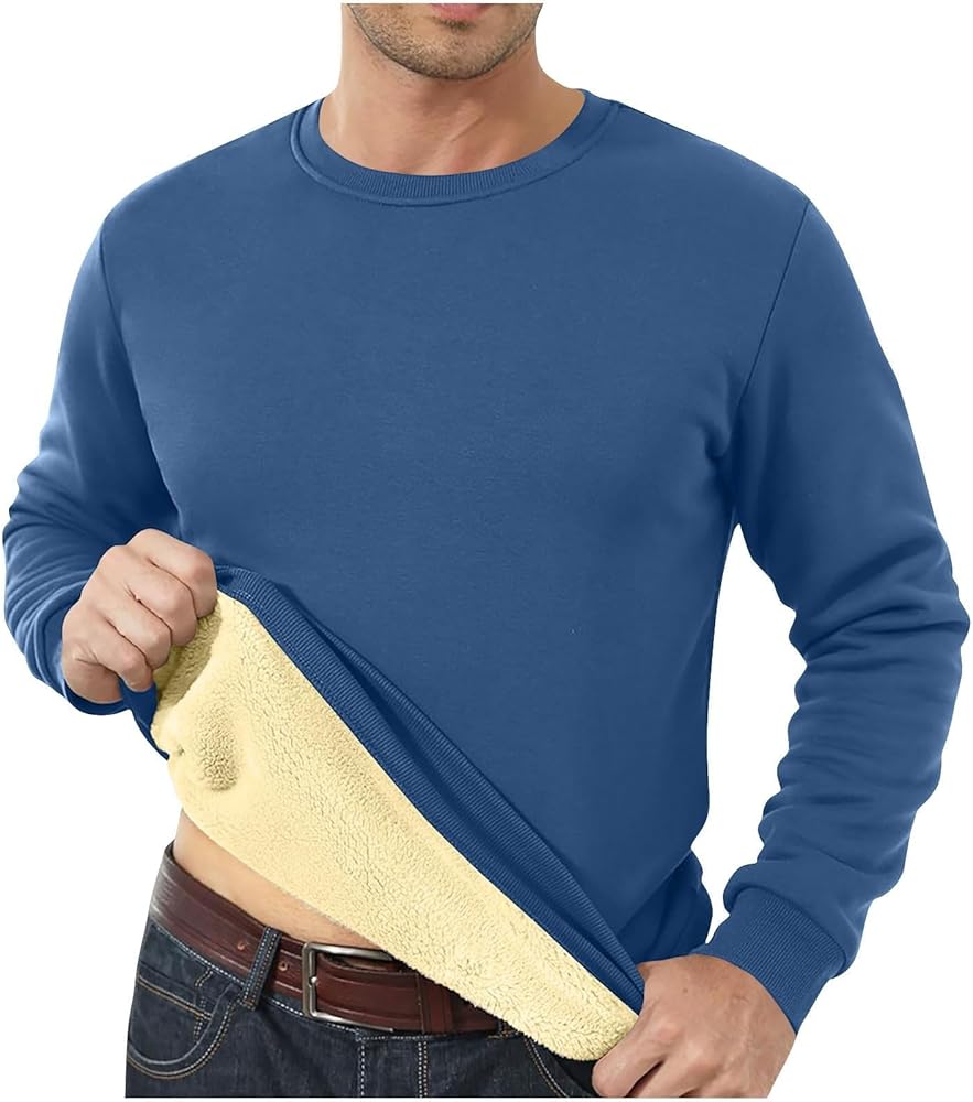 Men's Crewneck Warm Sherpa Lined Sweatshirts Basic Winter Fleece Thick Pullover Tops