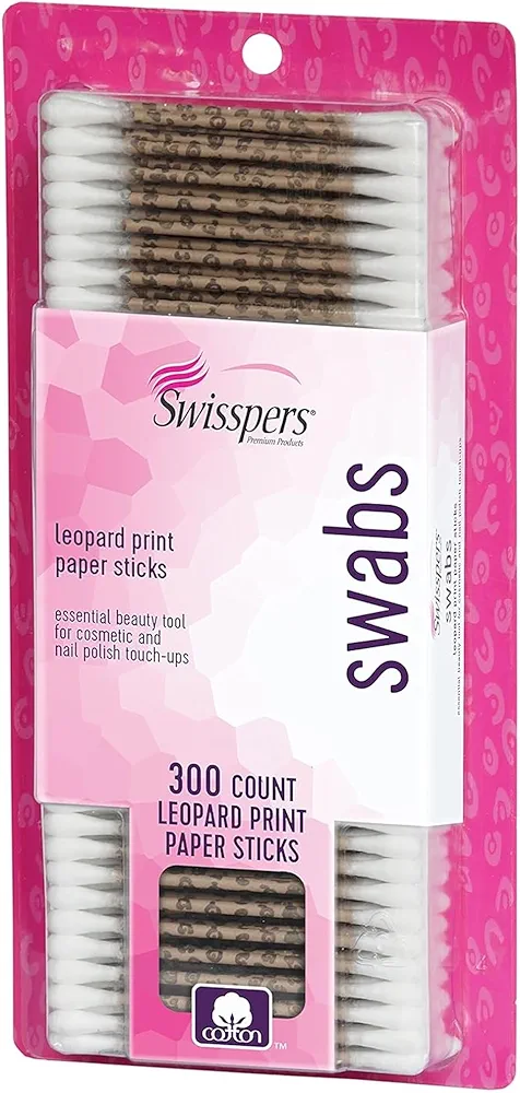 Swisspers Premium Leopard Paper Swabs – 300 Count (Pack of 1) – Fun and Stylish Cotton Swabs with Leopard Print Design – 100% Cotton Tips for Beauty and Personal Care