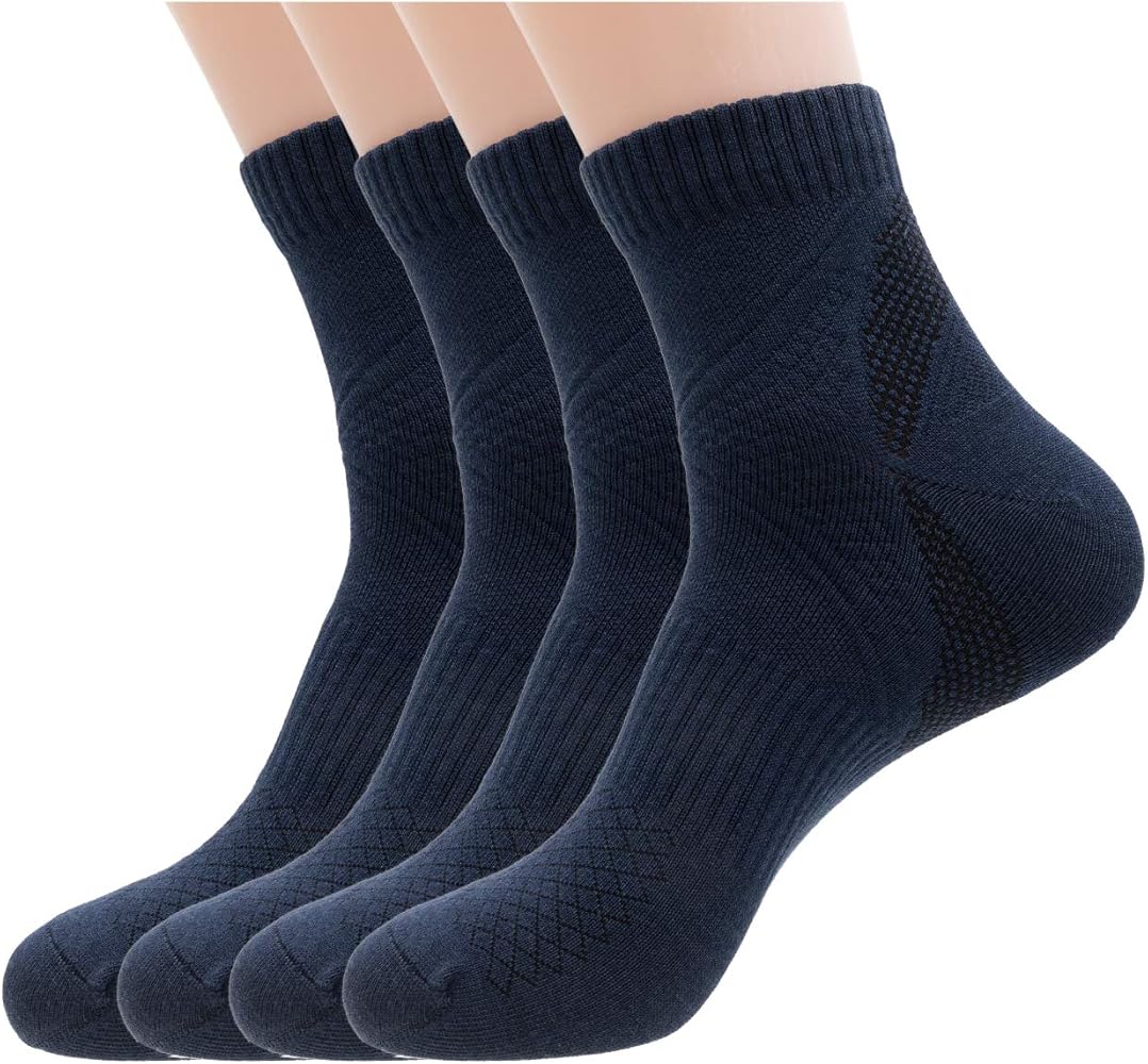 Mens Athletic Quarter Ankle Socks, Cotton & Pearl-Fiber Dress Socks Odor-Eater Moisture-Wicking for Sweaty Feet (4 Pack)