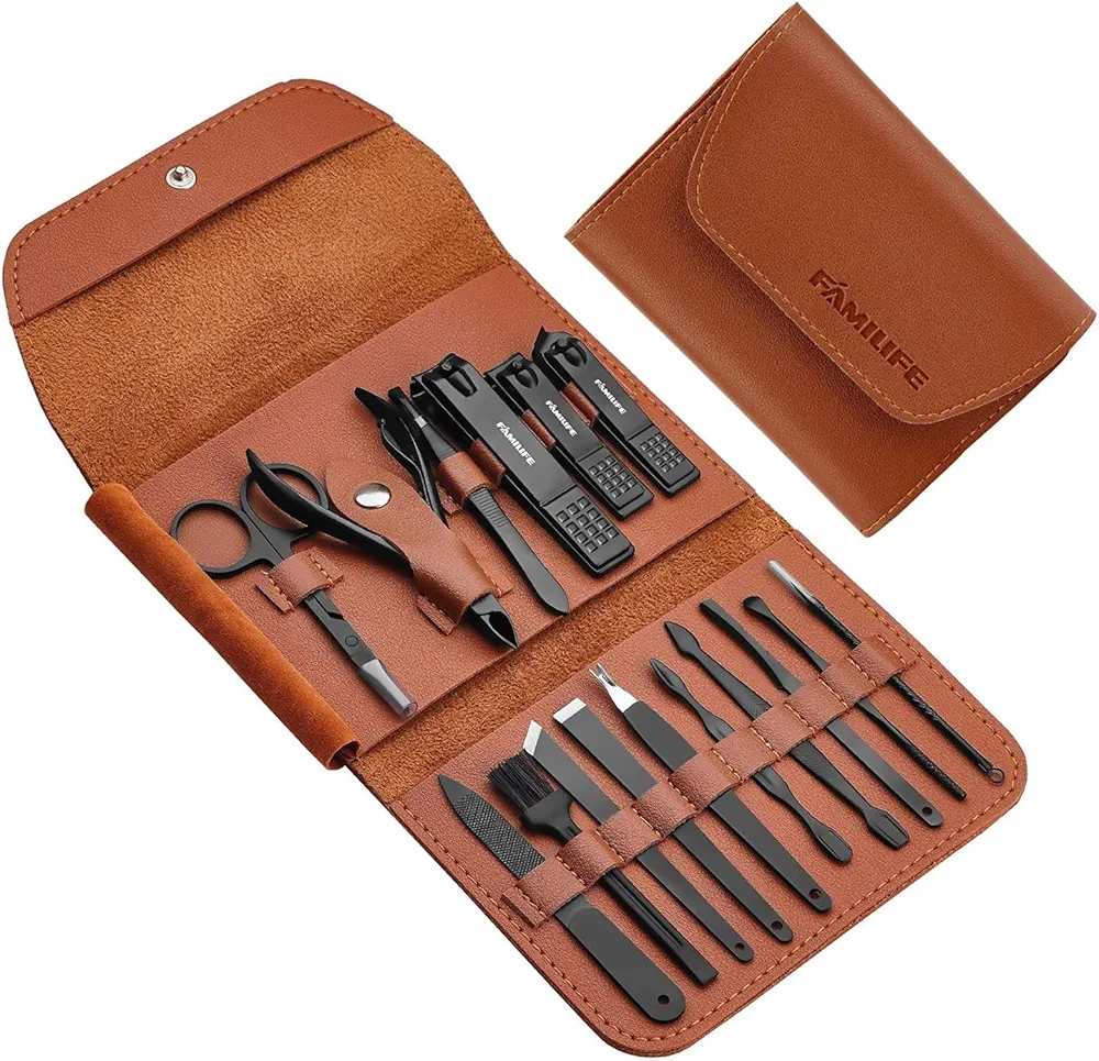 FAMILIFE Gifts for Men, Manicure Set Nail Clippers Pedicure Kit Manicure Kit Nail Clipper Set 16pcs Mens Grooming Kit Manicure Set Professional Stainless Steel Nail Kit Brown Leather Case Travel Kit