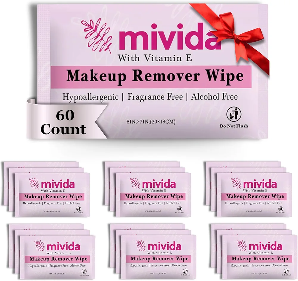 mivida 60 Count Individually Wrapped Makeup Remover Wipes With Vitamin E | Fragrance-Free, Alcohol-Free Hypoallergenic single make up removing wipes | Hotel Travel Size Toiletries